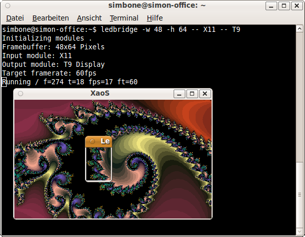 The command "ledbridge -w 48 -h 64 -- X11 -- T9" is executed in a shell window, and the capture window placed over a fractal